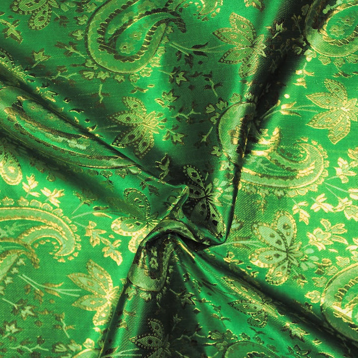 GRØNT SATENG JACQUARD STOFF MED BLADER