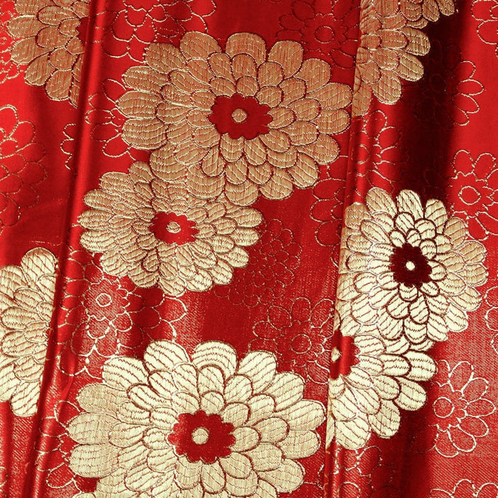 RØD SATENG JACQUARD STOFF MED RINGBLOMSTER
