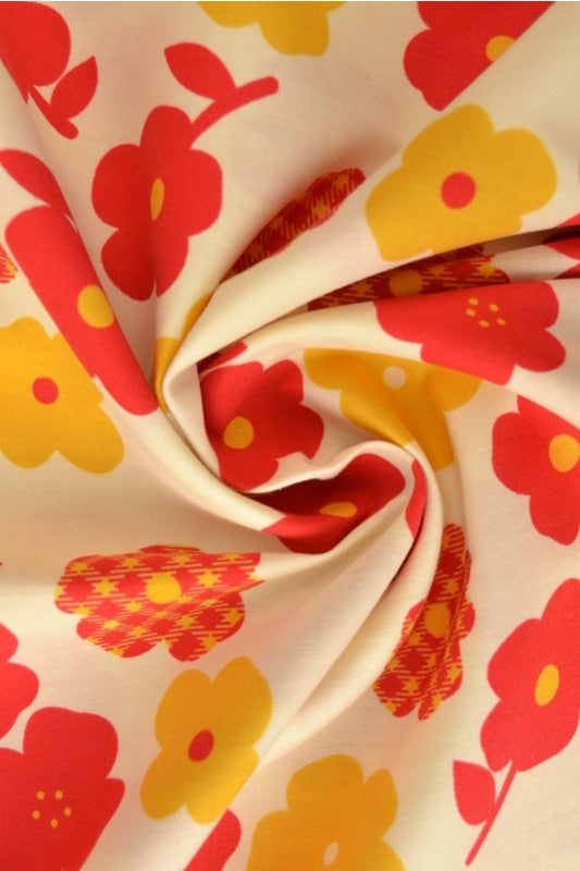 HVID BOMULDSPOPLIN MED RETRO BLOMSTERPRINT – RØD, ORANGE & GUL