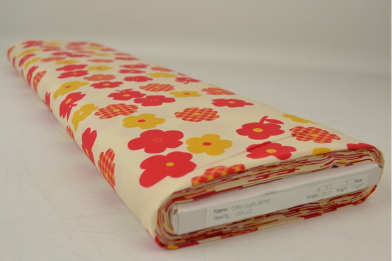 HVID BOMULDSPOPLIN MED RETRO BLOMSTERPRINT – RØD, ORANGE & GUL