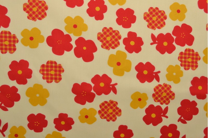 HVID BOMULDSPOPLIN MED RETRO BLOMSTERPRINT – RØD, ORANGE & GUL