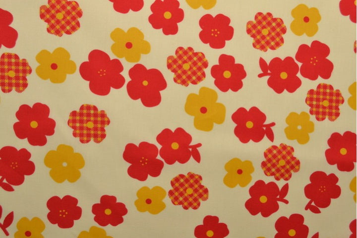HVID BOMULDSPOPLIN MED RETRO BLOMSTERPRINT – RØD, ORANGE & GUL