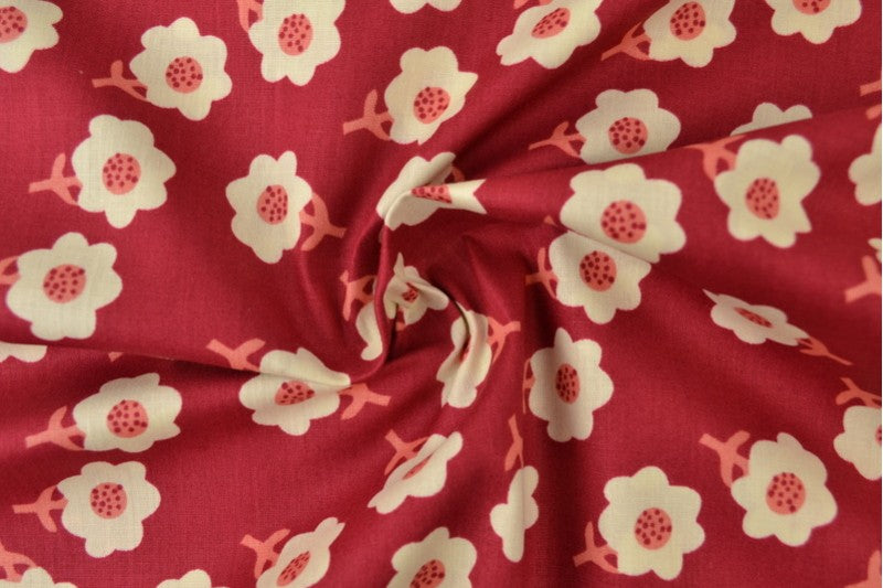 RØD BOMULDSPOPLIN MED HVIDT DITSY BLOMSTERPRINT