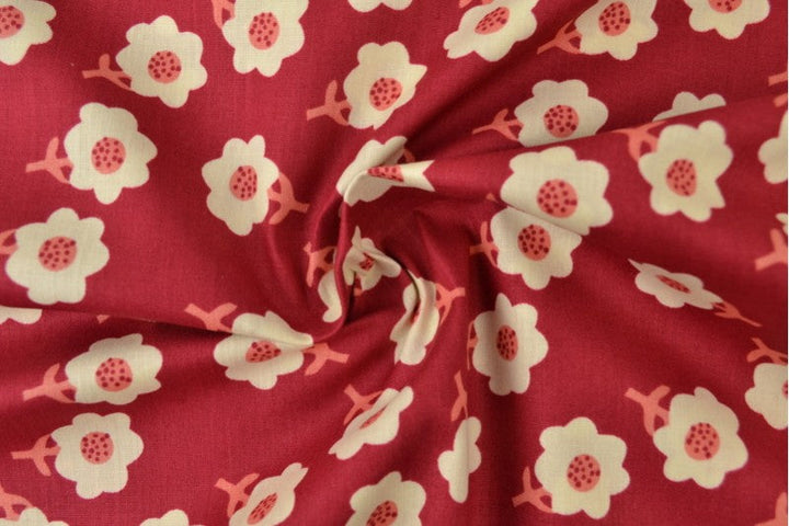 RØD BOMULDSPOPLIN MED HVIDT DITSY BLOMSTERPRINT