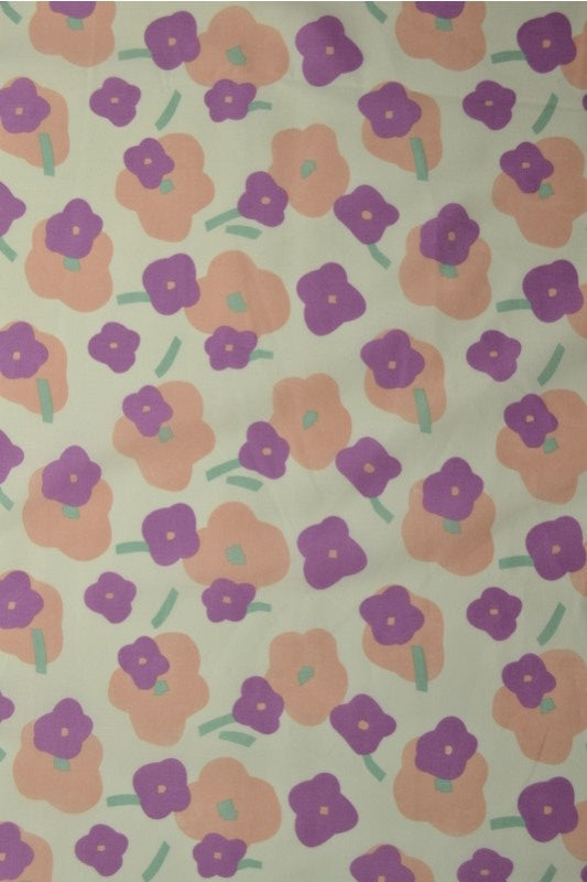 LYSEGRØN BOMULDSPOPLIN MED BLOMSTERPRINT – FERSKEN & LILLA