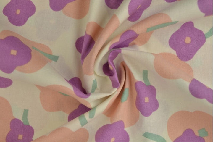 LYSEGRØN BOMULDSPOPLIN MED BLOMSTERPRINT – FERSKEN & LILLA
