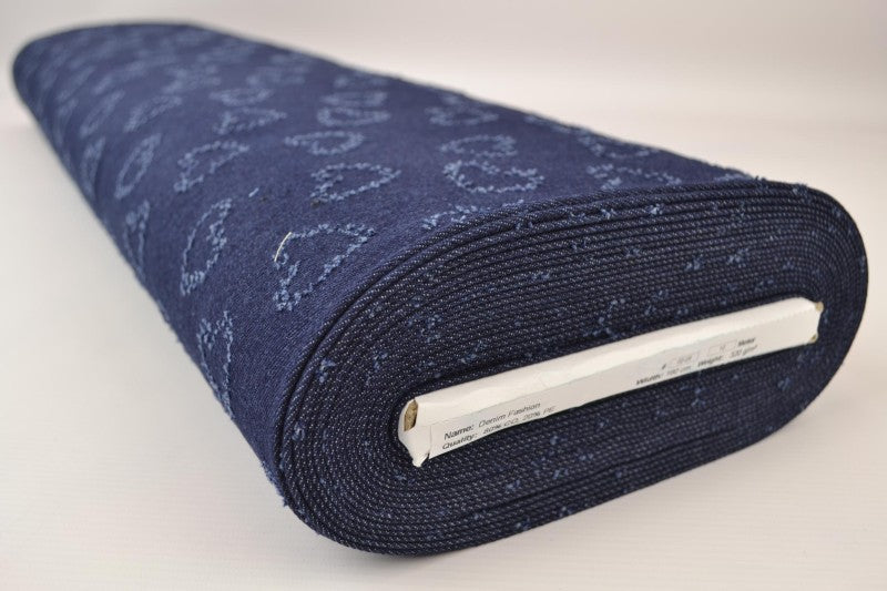 Mørkeblå denimstoff med hjertemønster – metervare til bukser & jakker (bilde 2 av 8)