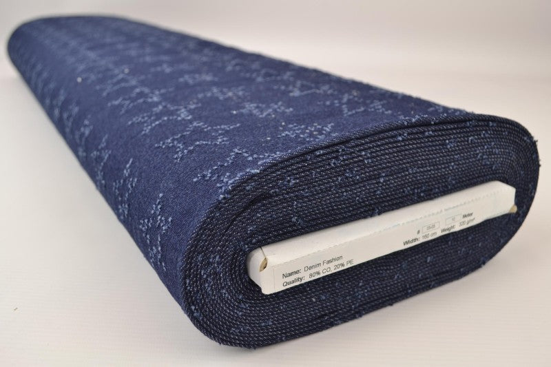 MØRKEBLÅ DENIMSTOFF MED STJERNEMØNSTER – METERVARE TIL BUKSER & JAKKER