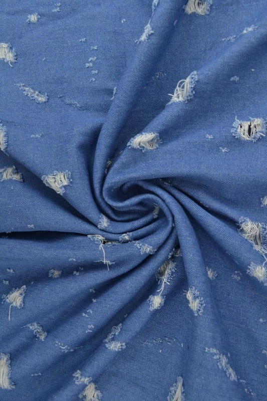 Lysblå denimstoff med vasket slitt overflate – metervare til bukser & jakker (bilde 1 av 8)