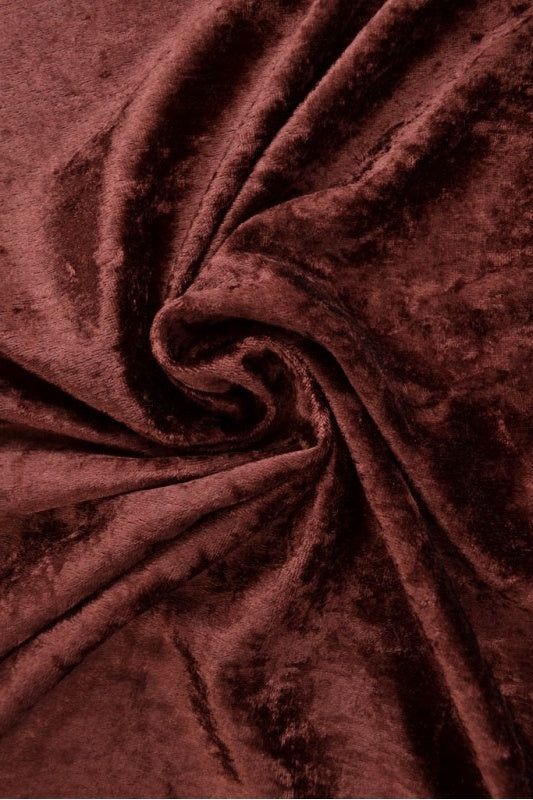 RØDBRUN KNUST VELOUR STOFF – STRIKKET, ELASTISK & GLANSFULLT FALL