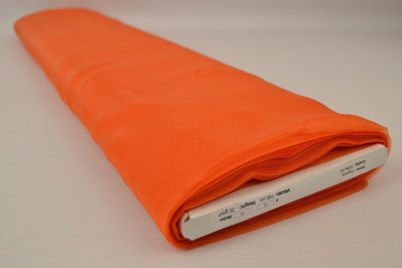 MØRKORANSJE ORGANZA STOFF – TRANSPARENT OG SKINNENDE