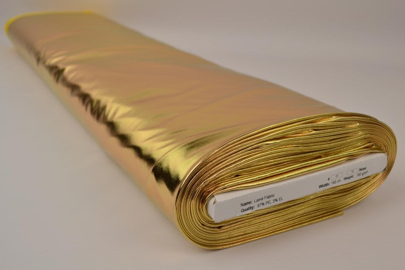 GULLFARGET LAMÉSTOFF MED STREKK – METALLISK GLITTERSTOFF