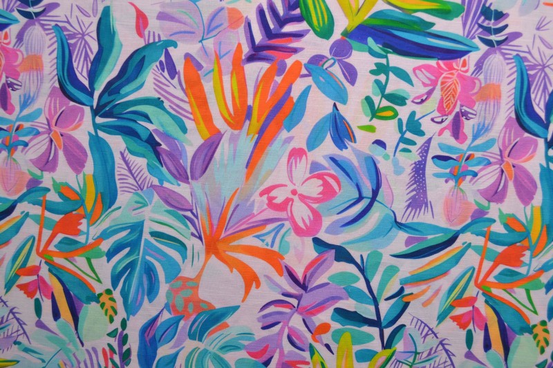 FARVERIG HØR MED TROPISK PRINT – BLÅ, LILLA & ORANGE – nærbillede