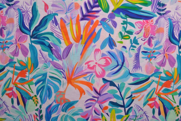 FARVERIG HØR MED TROPISK PRINT – BLÅ, LILLA & ORANGE – nærbillede