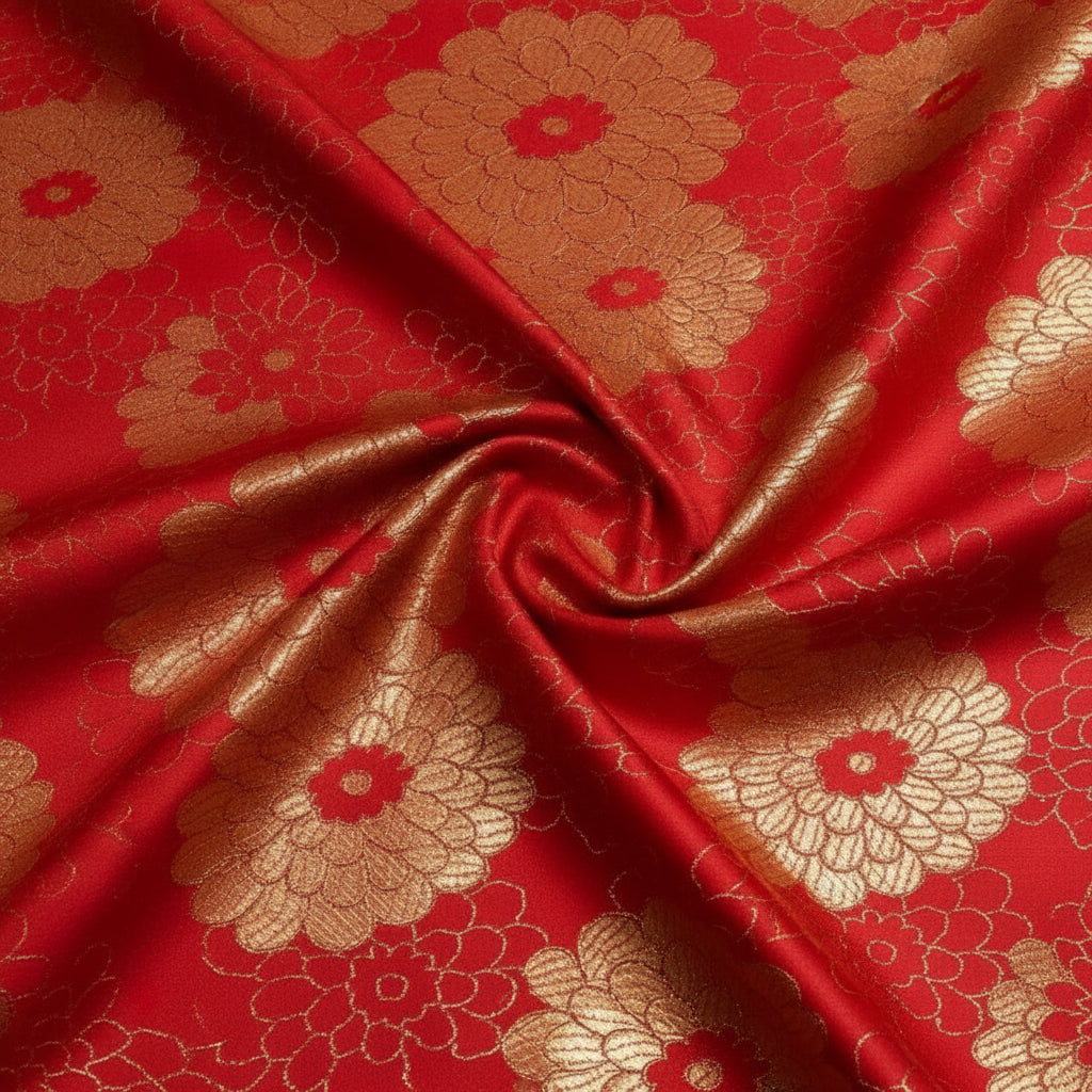 RØD SATENG JACQUARD STOFF MED RINGBLOMSTER (bilde 2 av 3)