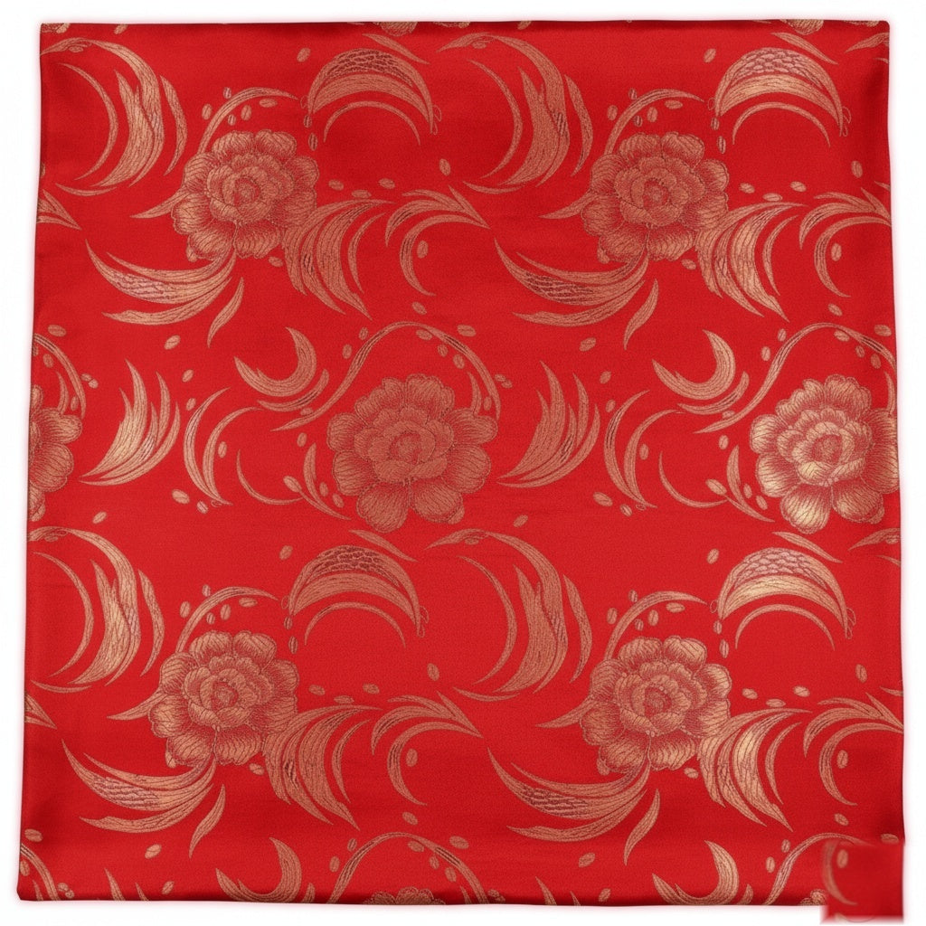 RØD SATENG JACQUARD STOFF MED BLOMSTER (bilde 1 av 3)